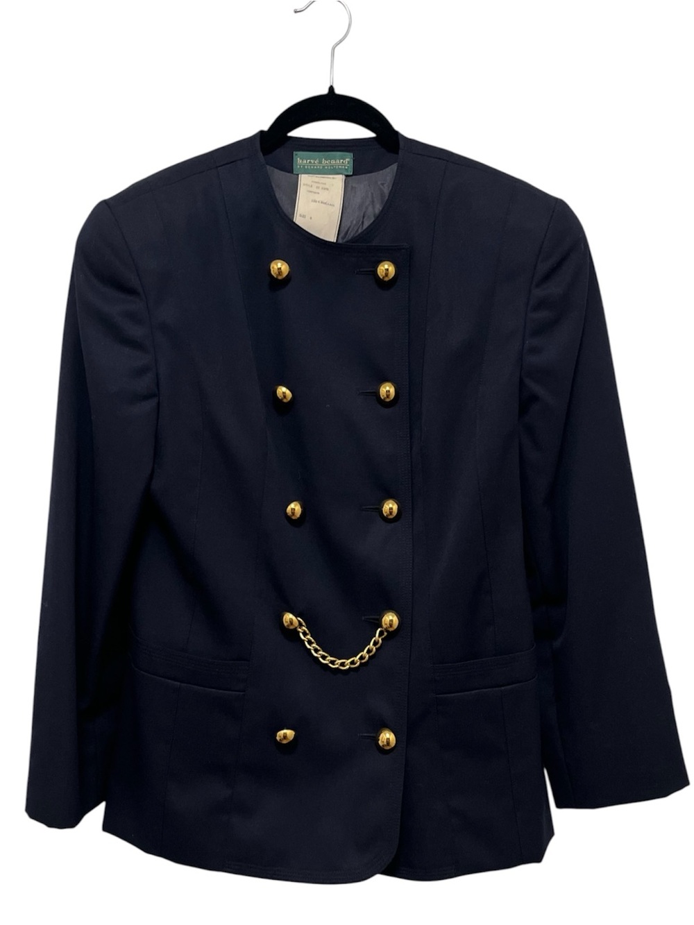 Vintage 90s 100% Wool Double Breasted Blazer Jacket Gold Buttons & Chain Size 8